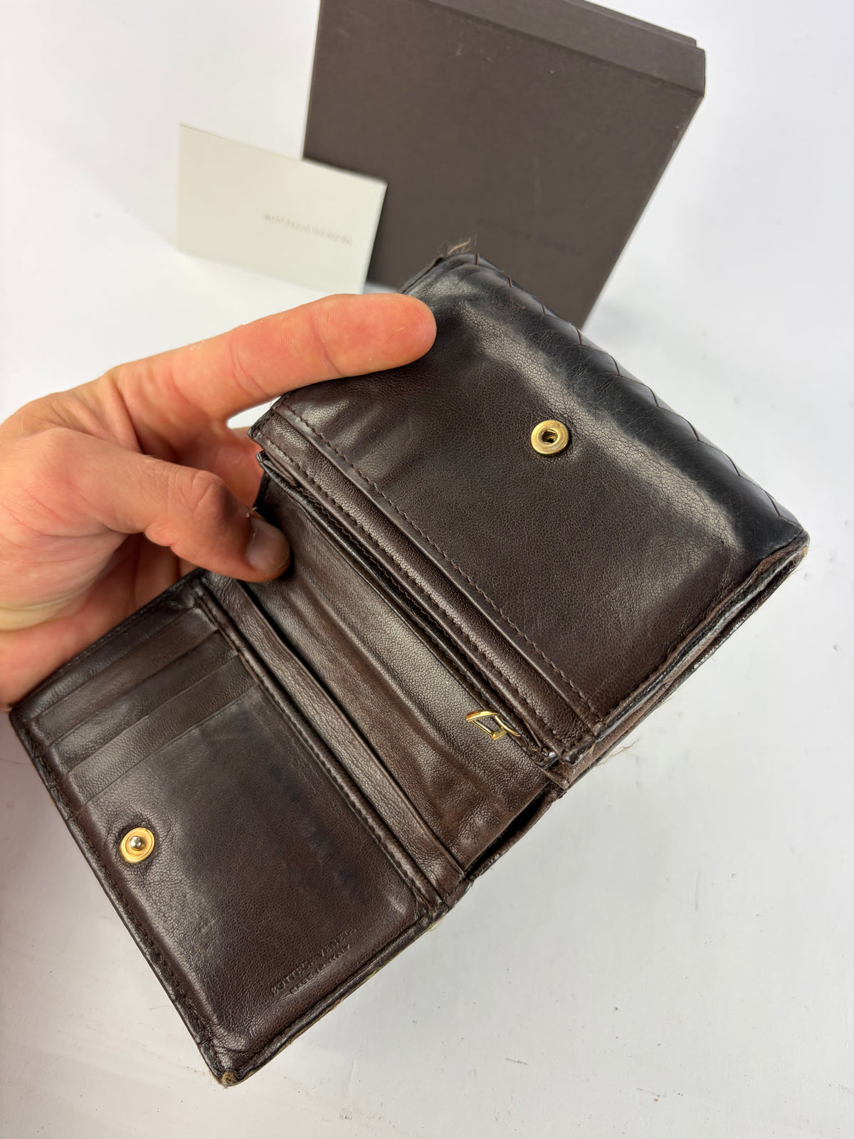 Vintage Bottega Veneta Intrecciato Woven Leather Bifold Wallet Dark Brown