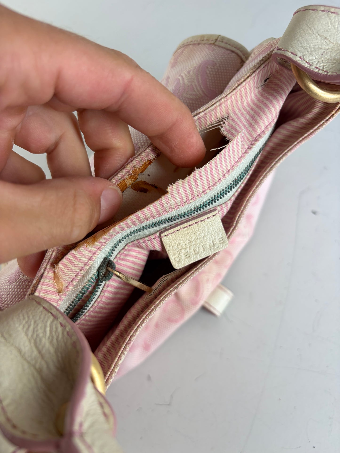Vintage Celine Canvas Leather Trim Handbag Pink Cream Gold