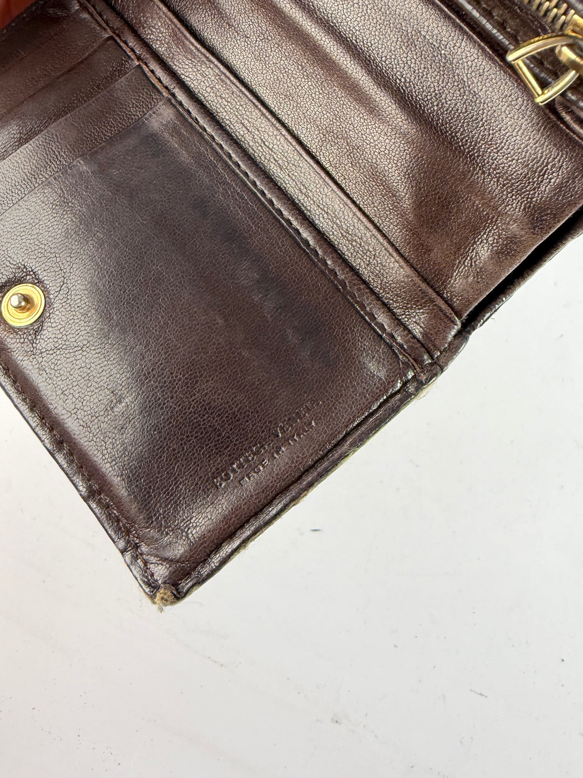 Vintage Bottega Veneta Intrecciato Woven Leather Bifold Wallet Dark Brown
