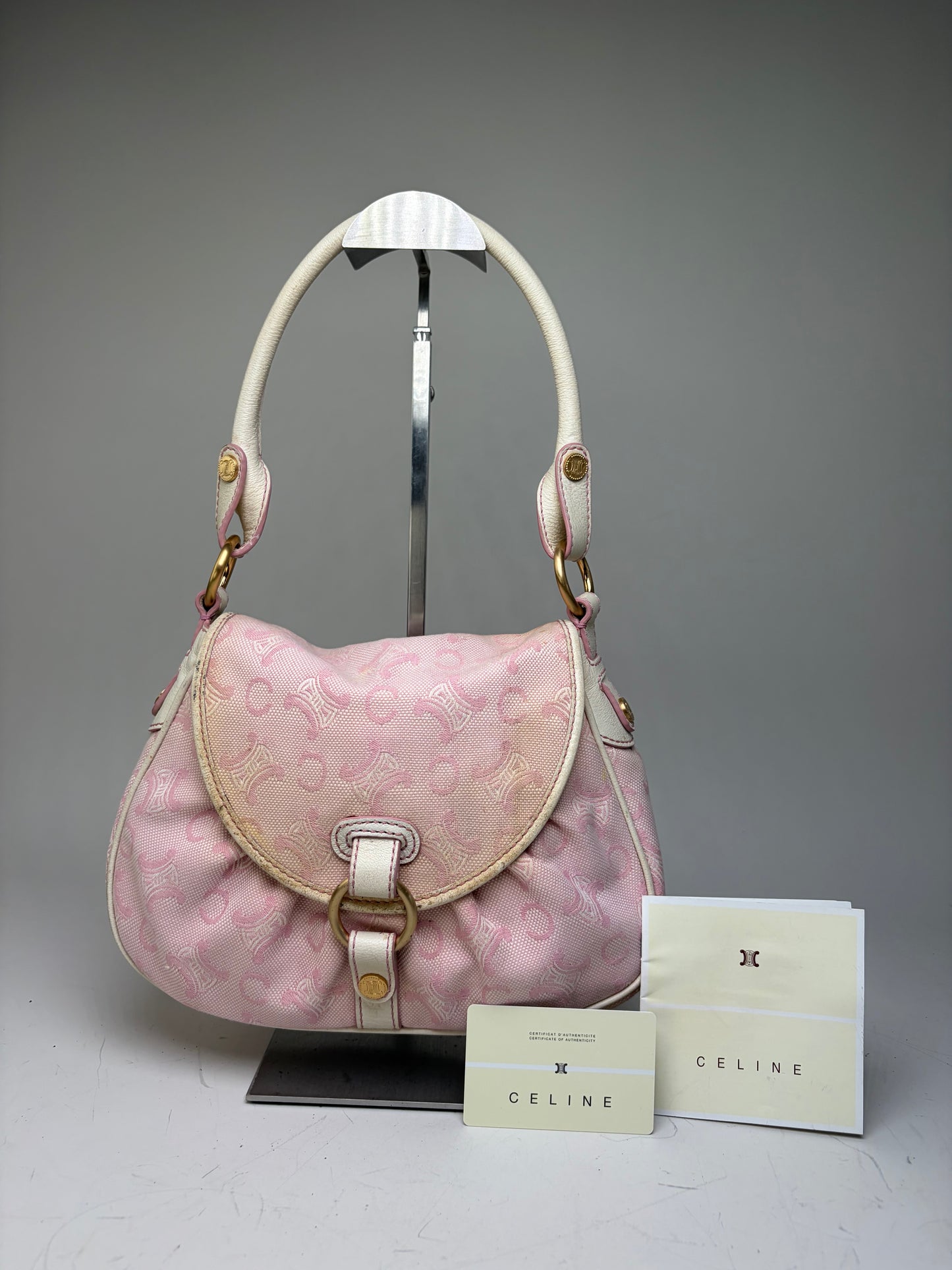 Vintage Celine Canvas Leather Trim Handbag Pink Cream Gold