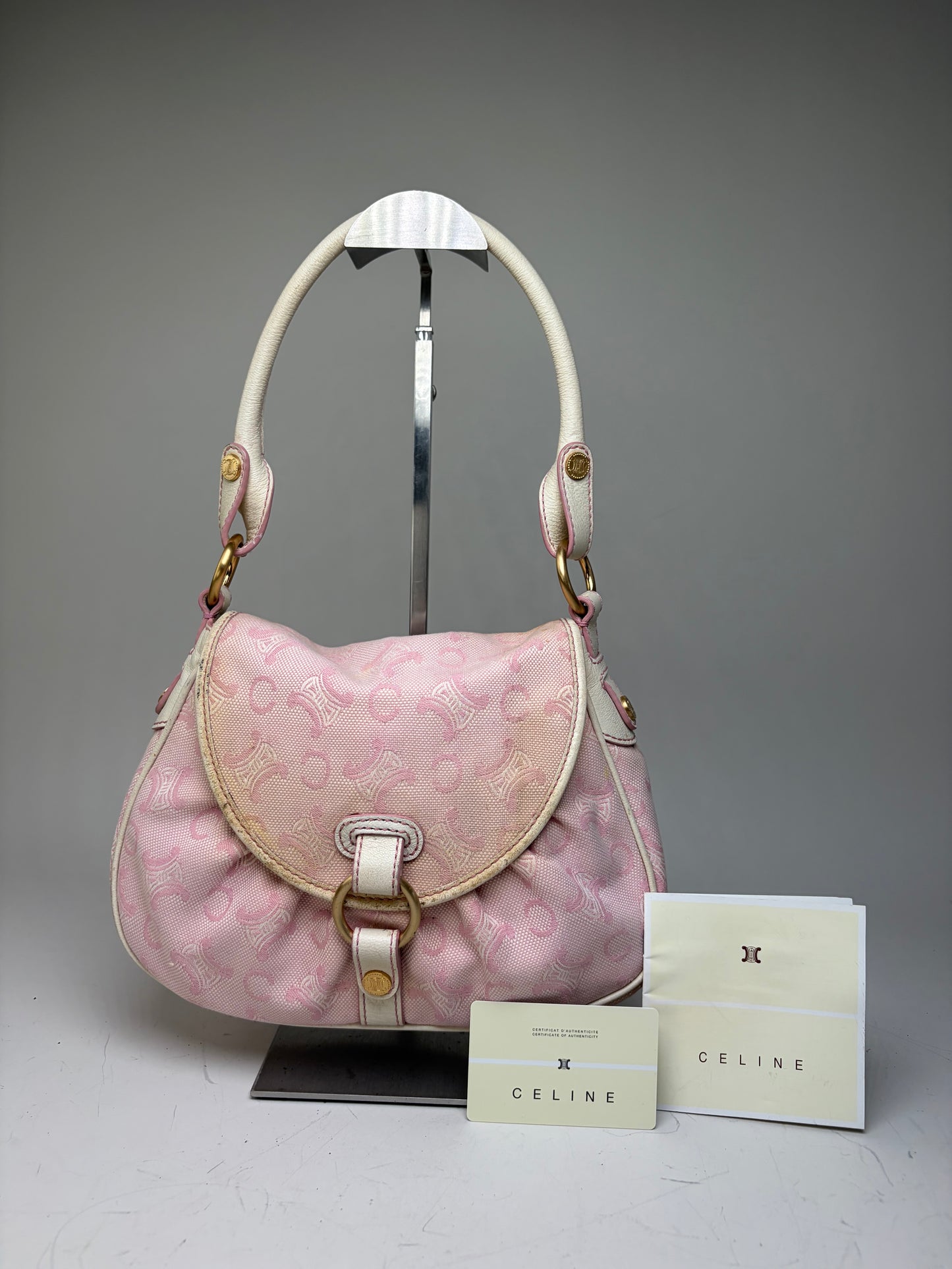 Vintage Celine Canvas Leather Trim Handbag Pink Cream Gold