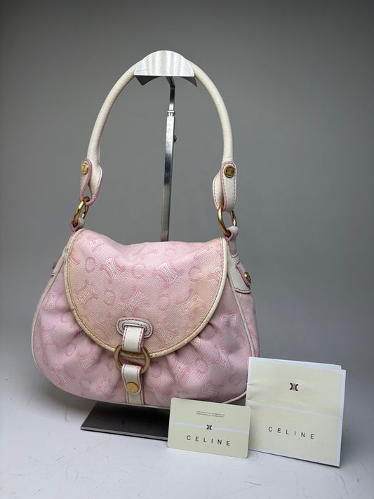 Vintage Celine Canvas Leather Trim Handbag Pink Cream Gold