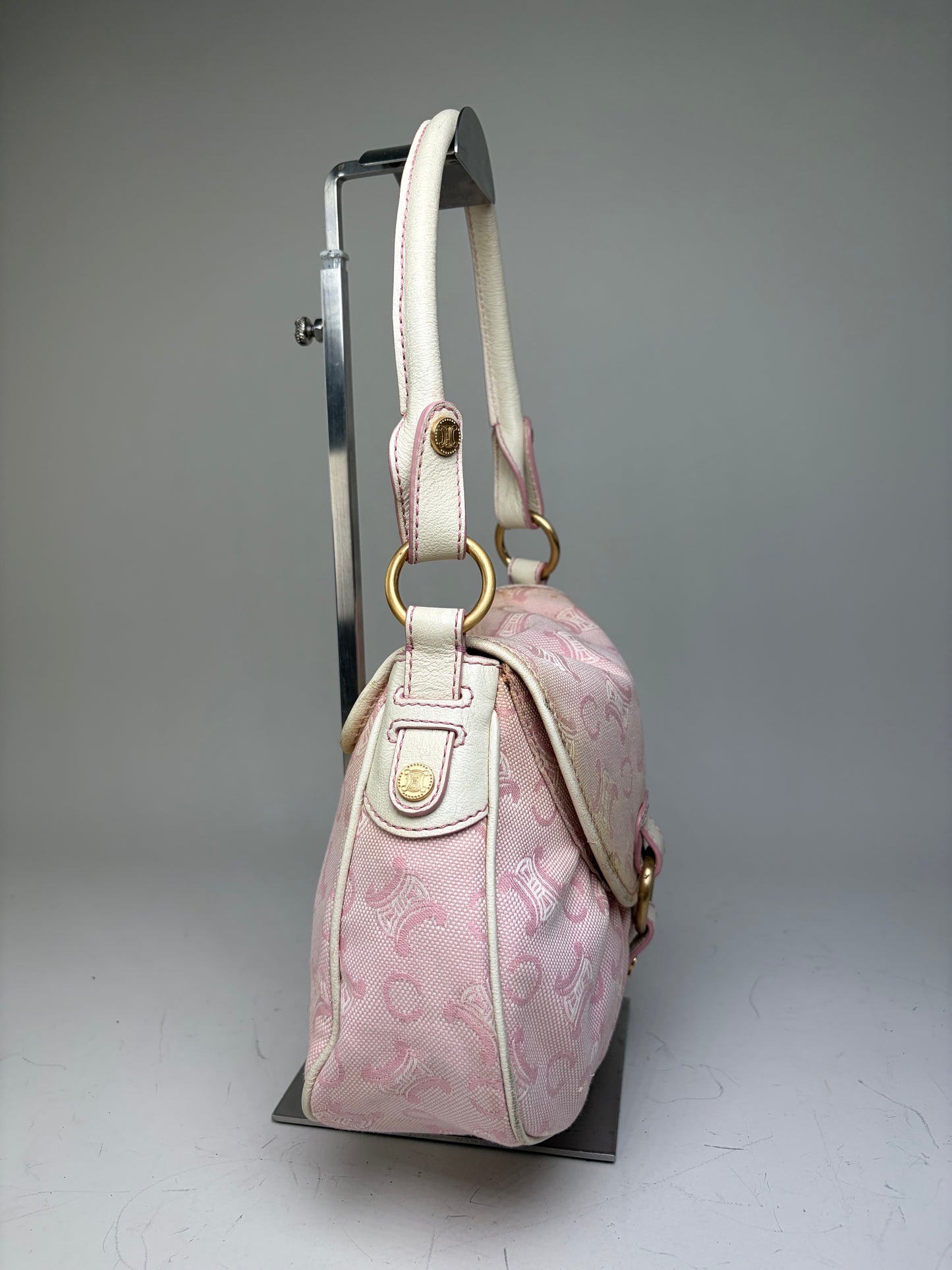 Vintage Celine Canvas Leather Trim Handbag Pink Cream Gold
