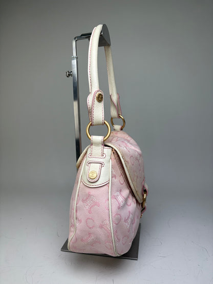 Vintage Celine Canvas Leather Trim Handbag Pink Cream Gold