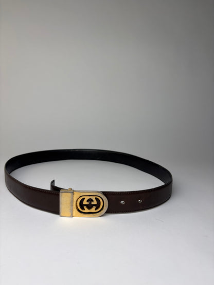 Vintage Gucci Leather Belt Interlocking G Buckle c. Late 1970s Dark Brown