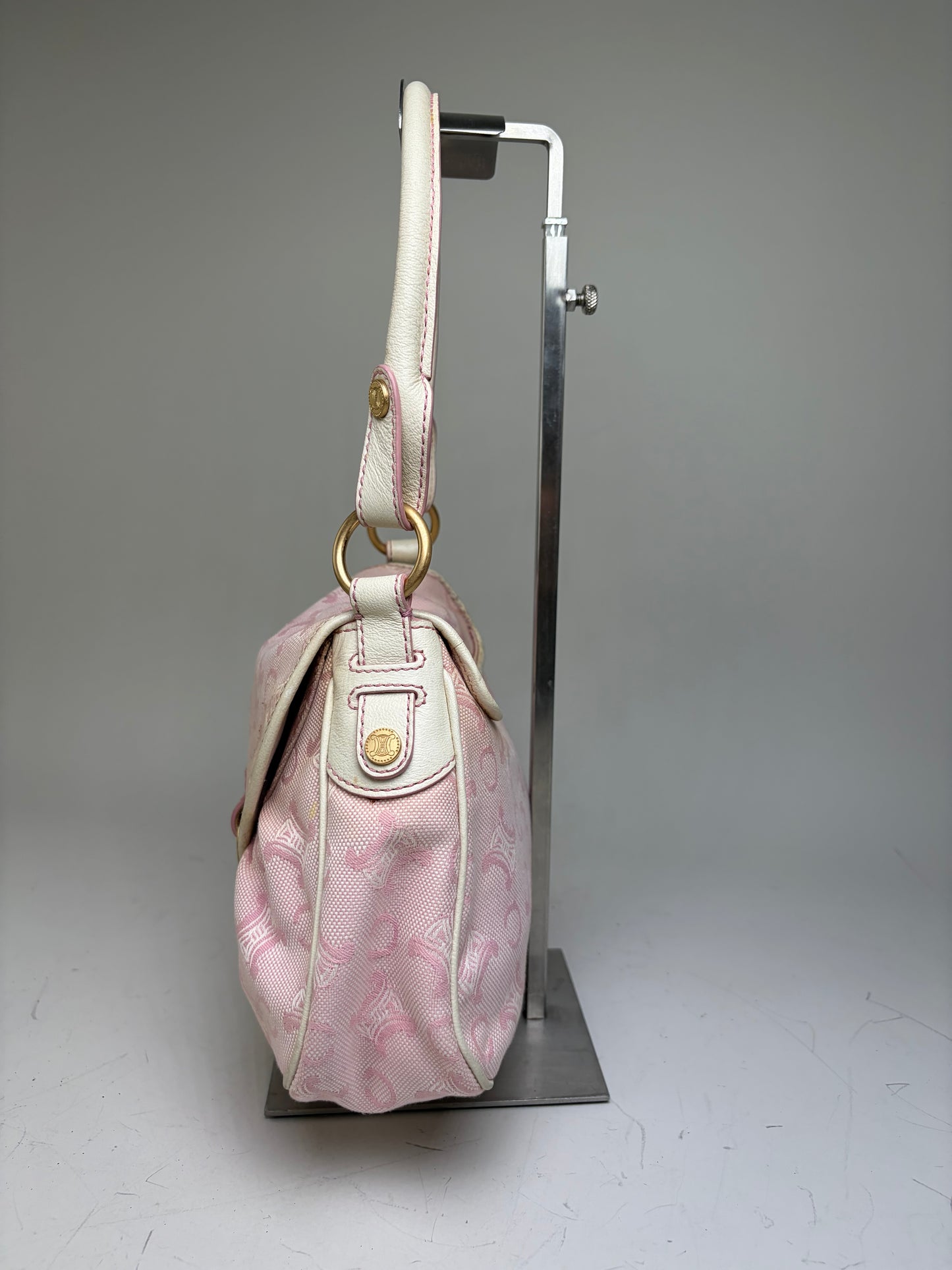 Vintage Celine Canvas Leather Trim Handbag Pink Cream Gold
