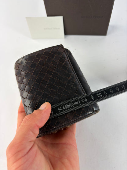 Vintage Bottega Veneta Intrecciato Woven Leather Bifold Wallet Dark Brown