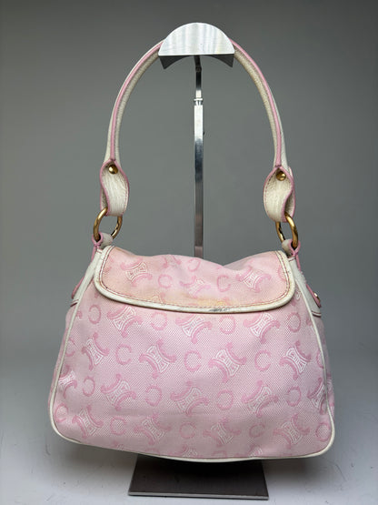 Vintage Celine Canvas Leather Trim Handbag Pink Cream Gold