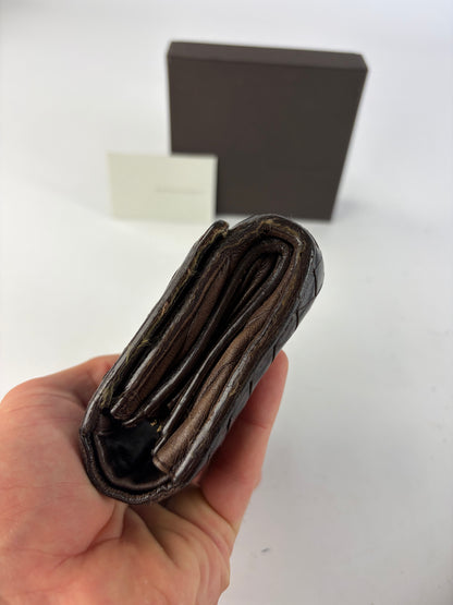 Vintage Bottega Veneta Intrecciato Woven Leather Bifold Wallet Dark Brown