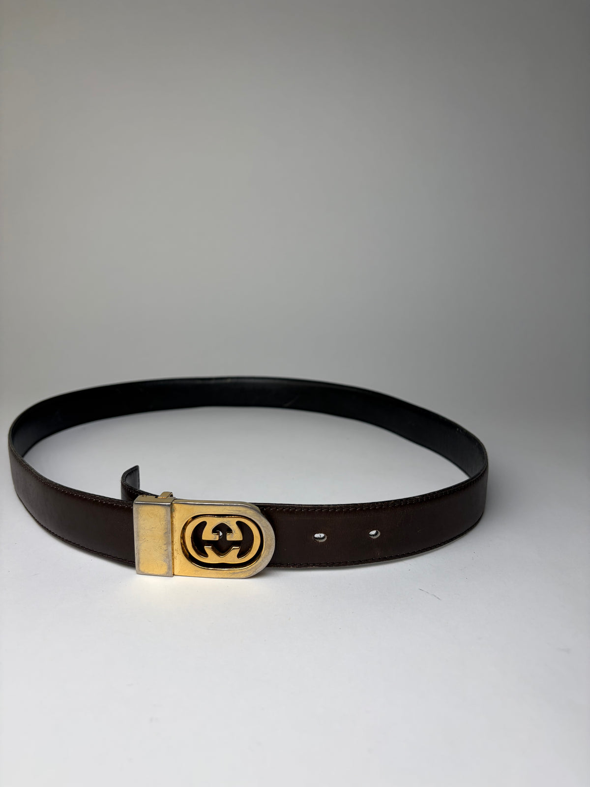 Vintage Gucci Leather Belt Interlocking G Buckle c. Late 1970s Dark Brown