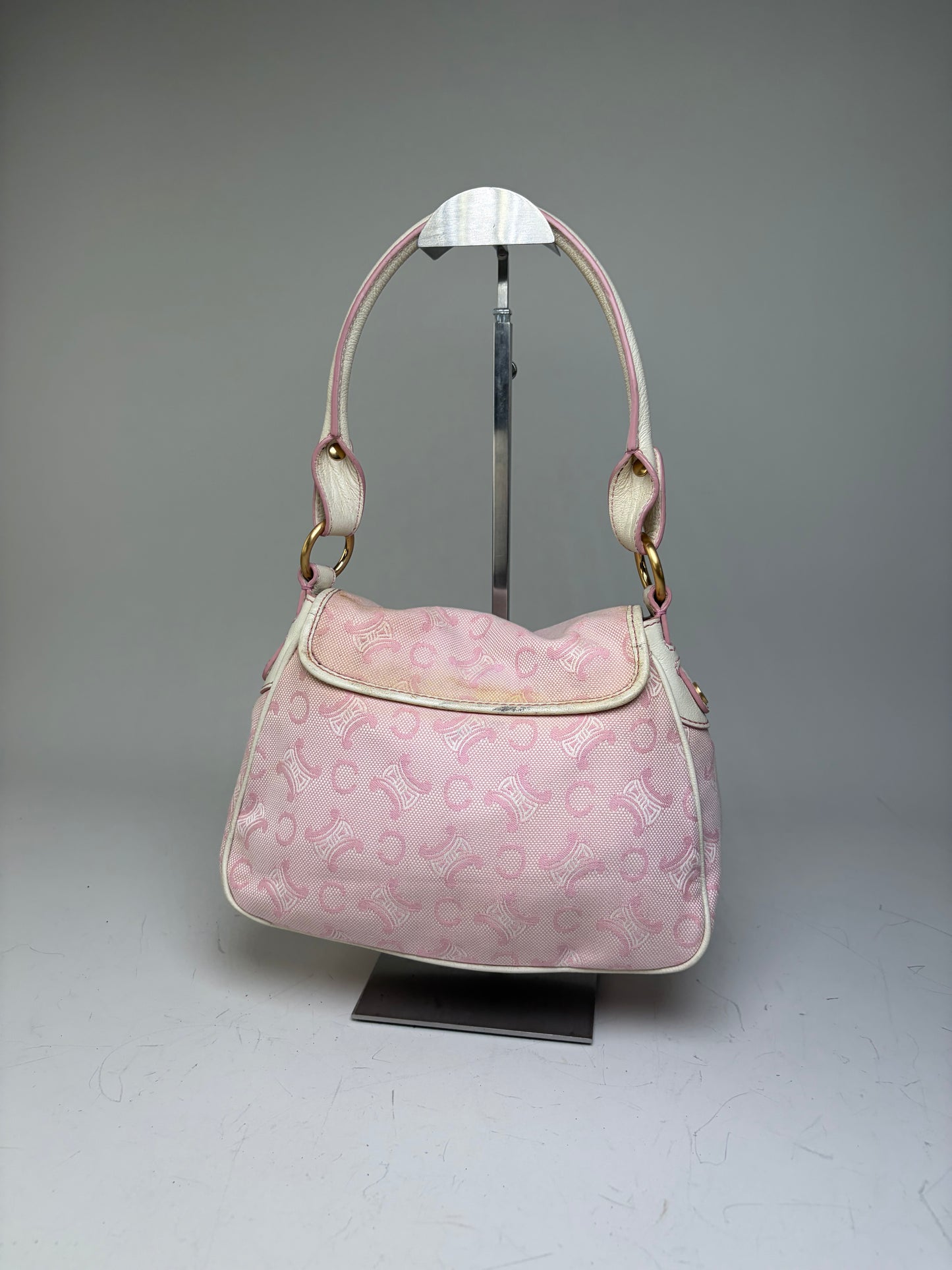 Vintage Celine Canvas Leather Trim Handbag Pink Cream Gold