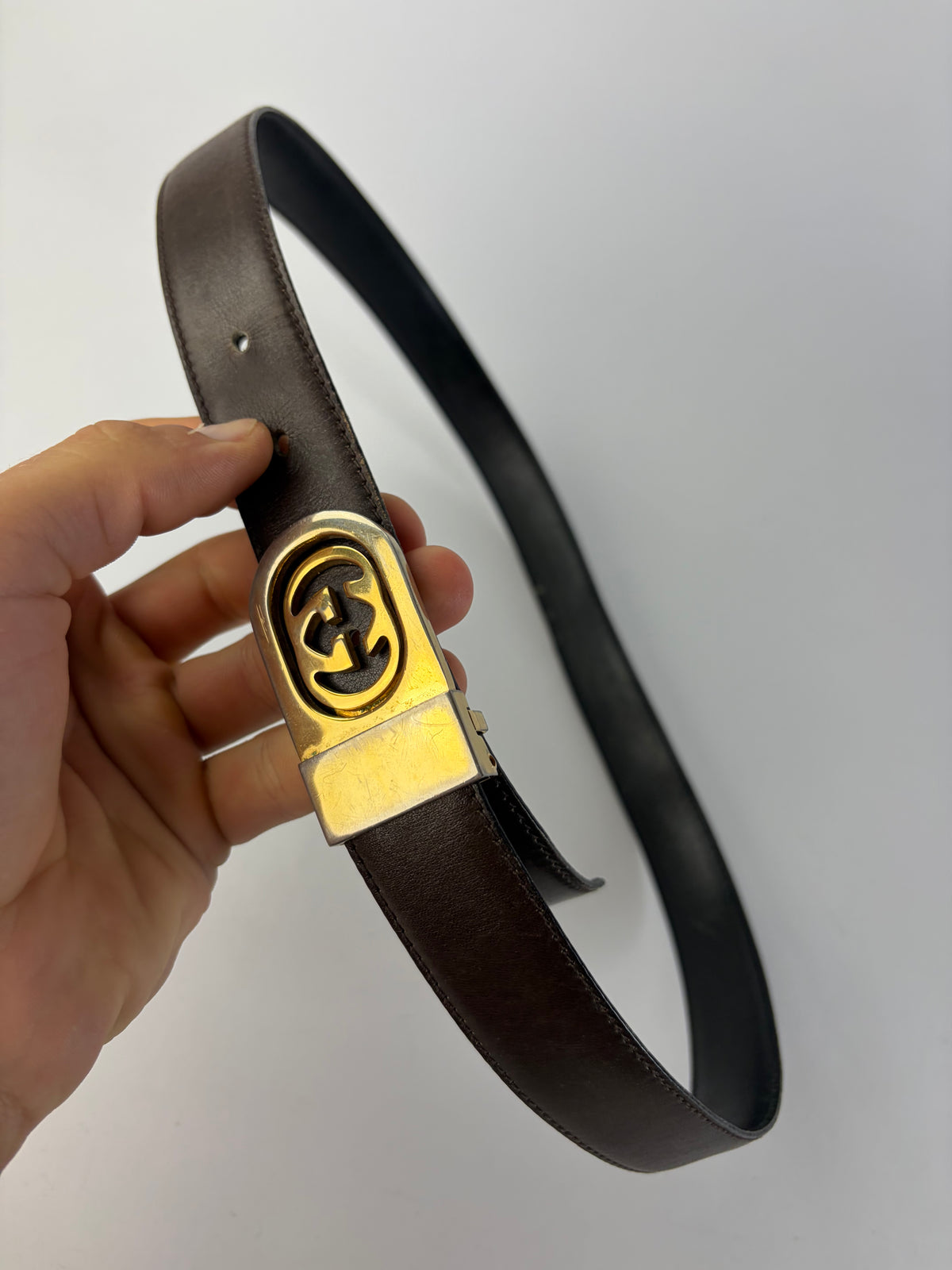 Vintage Gucci Leather Belt Interlocking G Buckle c. Late 1970s Dark Brown
