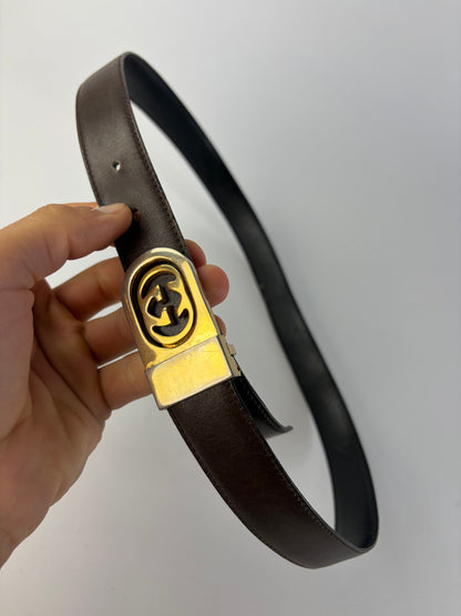 Vintage Gucci Leather Belt Interlocking G Buckle c. Late 1970s Dark Brown