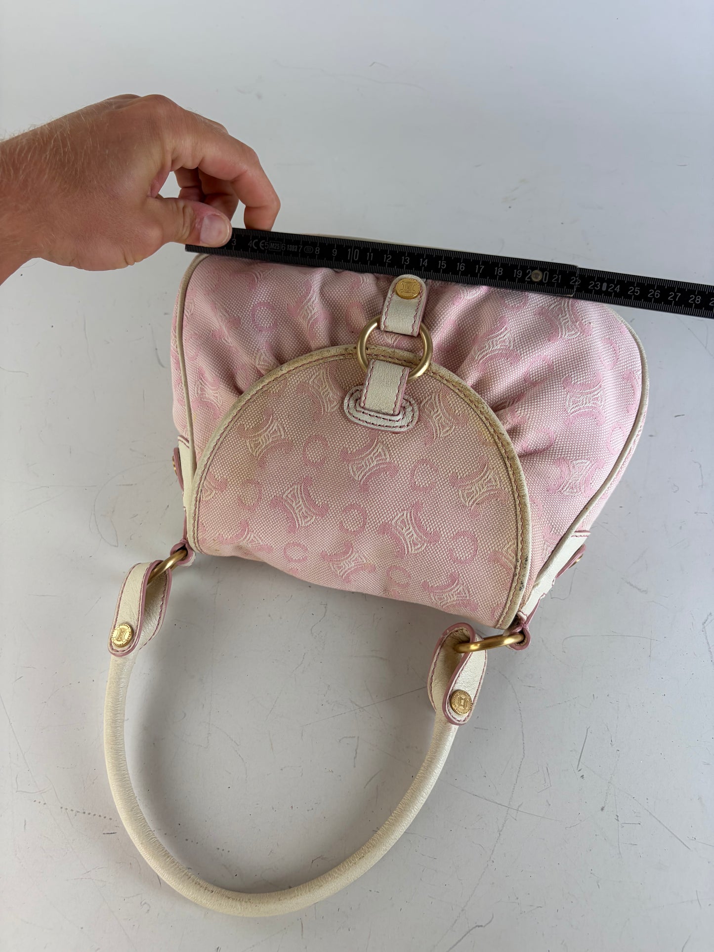 Vintage Celine Canvas Leather Trim Handbag Pink Cream Gold