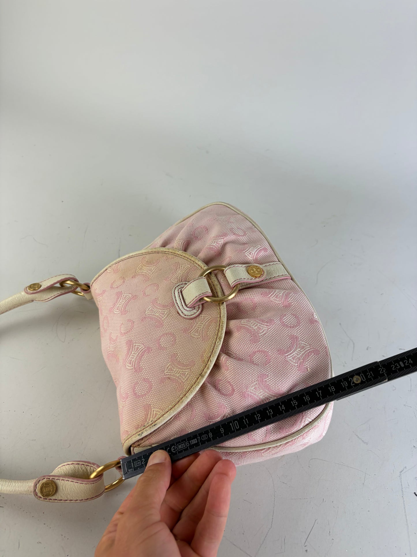 Vintage Celine Canvas Leather Trim Handbag Pink Cream Gold