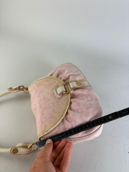 Vintage Celine Canvas Leather Trim Handbag Pink Cream Gold