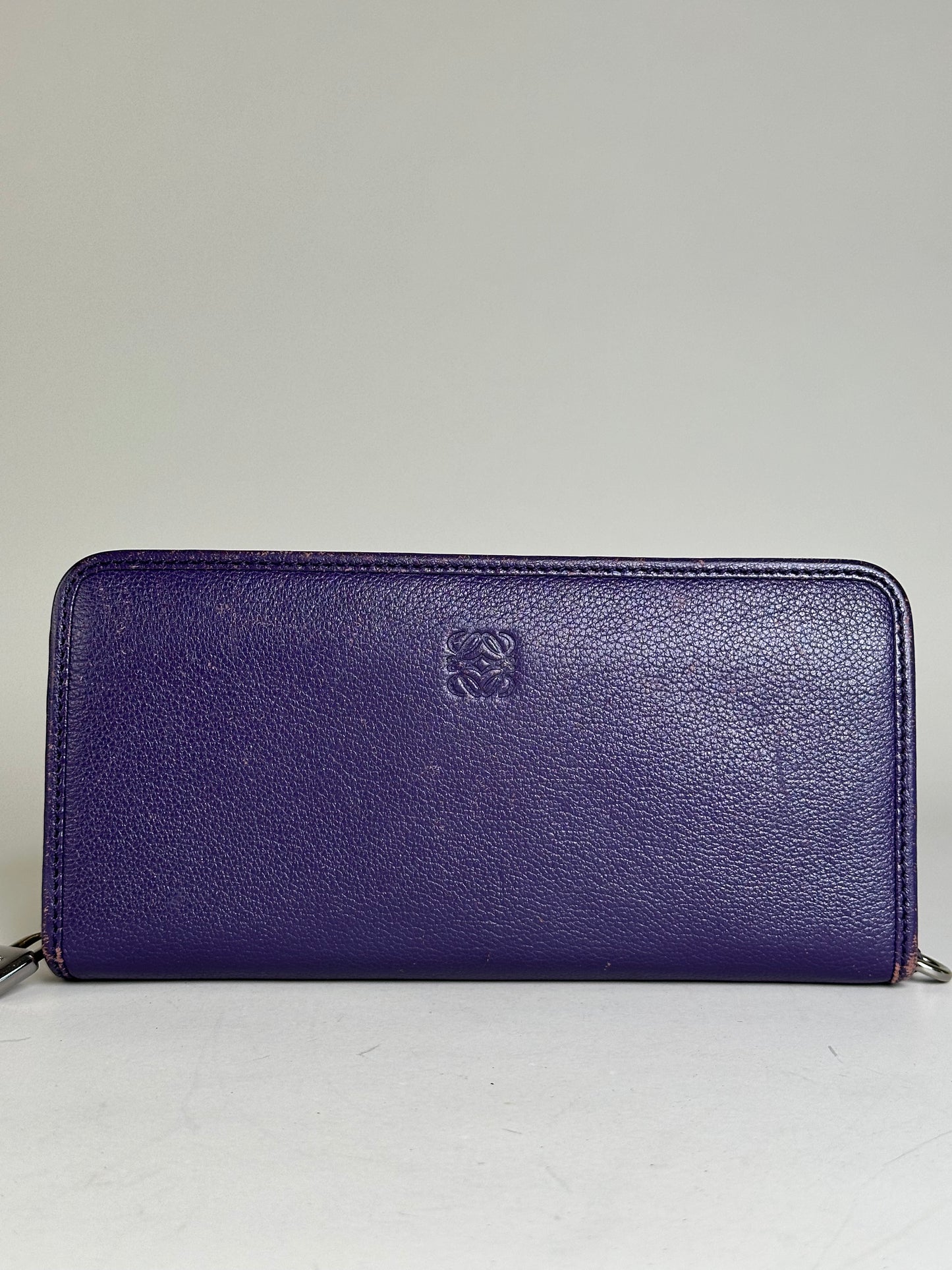 Vintage Loewe Leather Zip Wallet Purple Silver