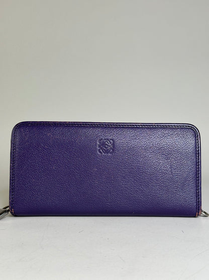Vintage Loewe Leather Zip Wallet Purple Silver