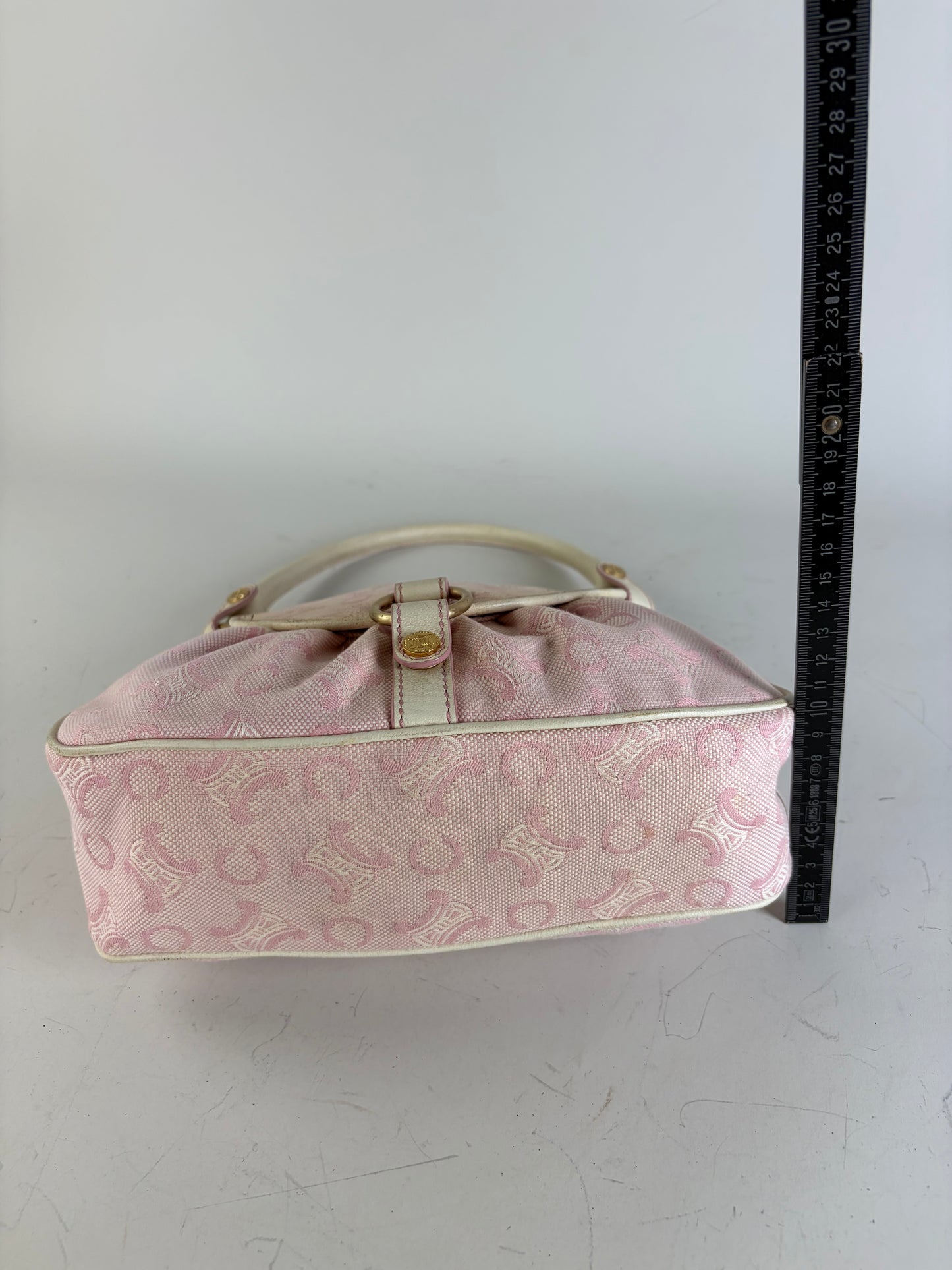 Vintage Celine Canvas Leather Trim Handbag Pink Cream Gold