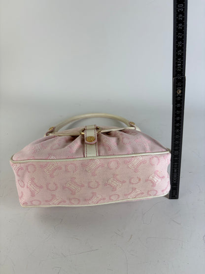 Vintage Celine Canvas Leather Trim Handbag Pink Cream Gold