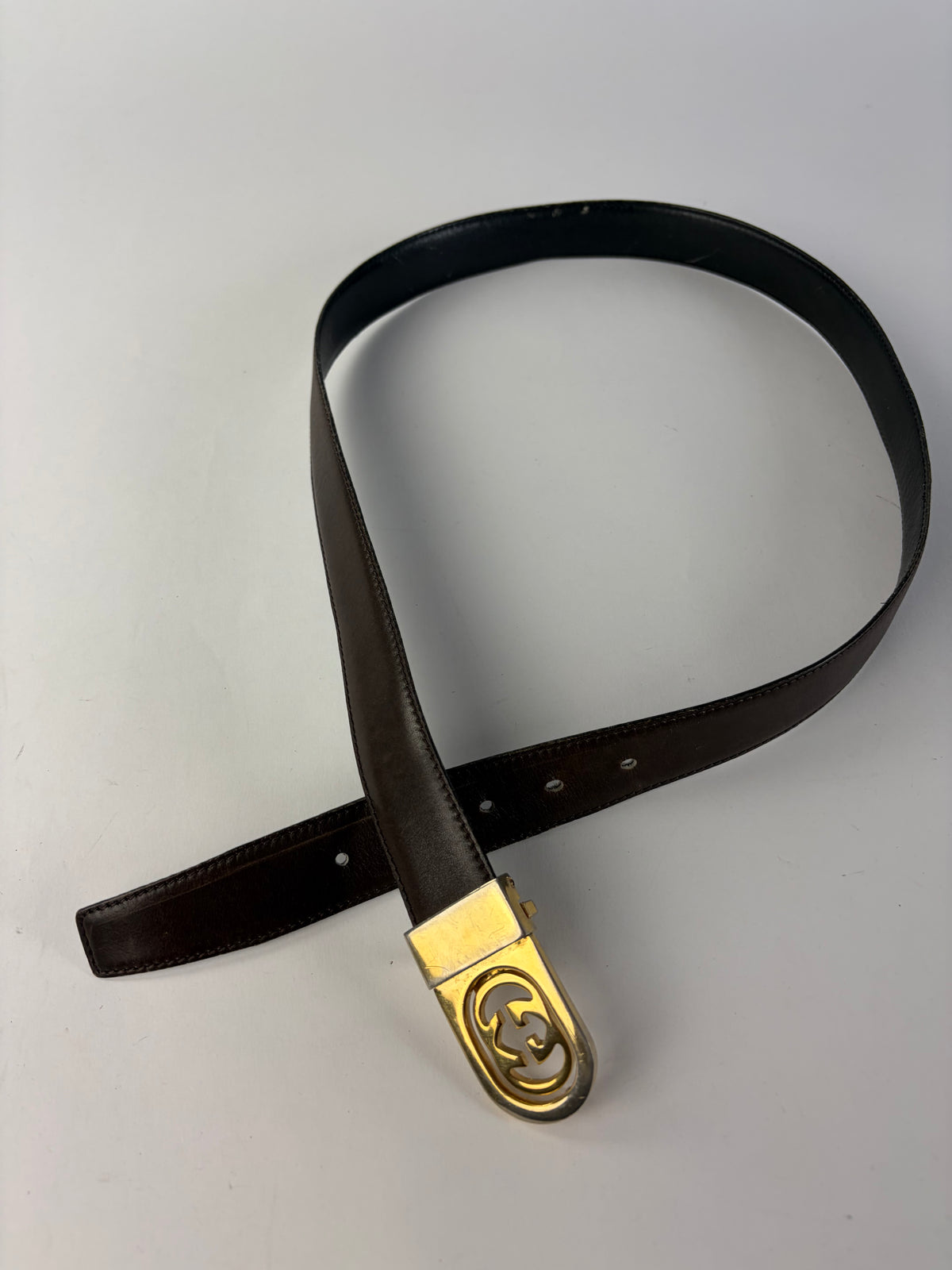 Vintage Gucci Leather Belt Interlocking G Buckle c. Late 1970s Dark Brown