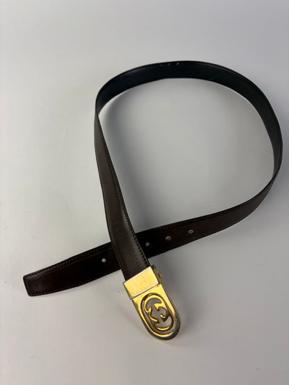 Vintage Gucci Leather Belt Interlocking G Buckle c. Late 1970s Dark Brown