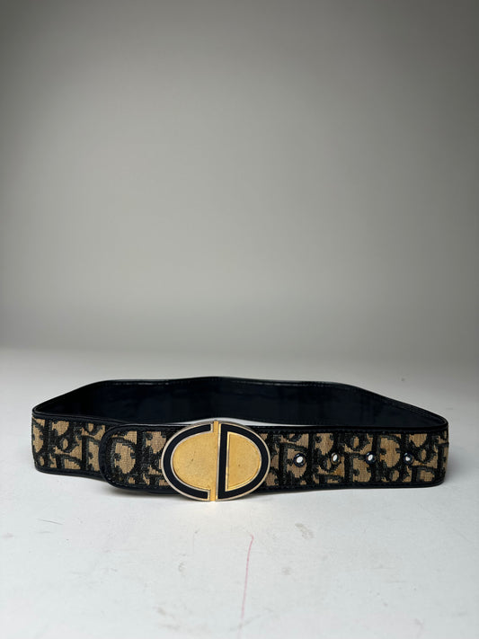Vintage Dior Oblique Monogram Canvas Leather Belt Navy Beige Gold