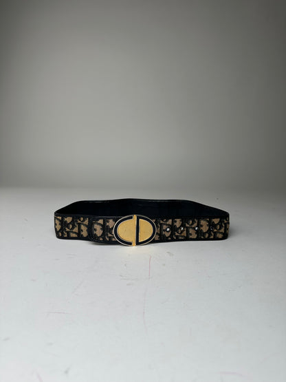 Vintage Dior Oblique Monogram Canvas Leather Belt Navy Beige Gold