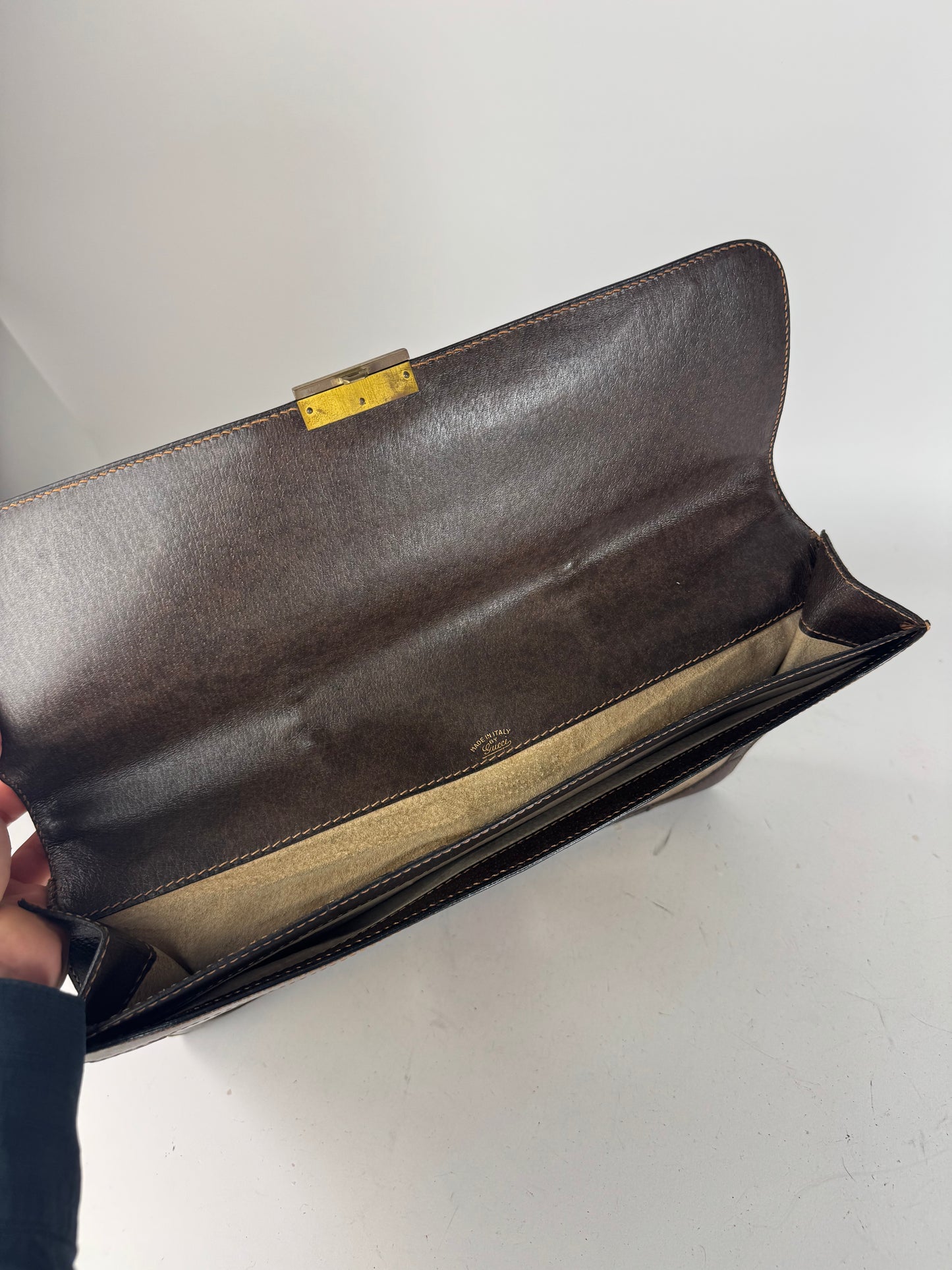 Vintage Gucci Monogram Leather Bruefcase Brown Golden