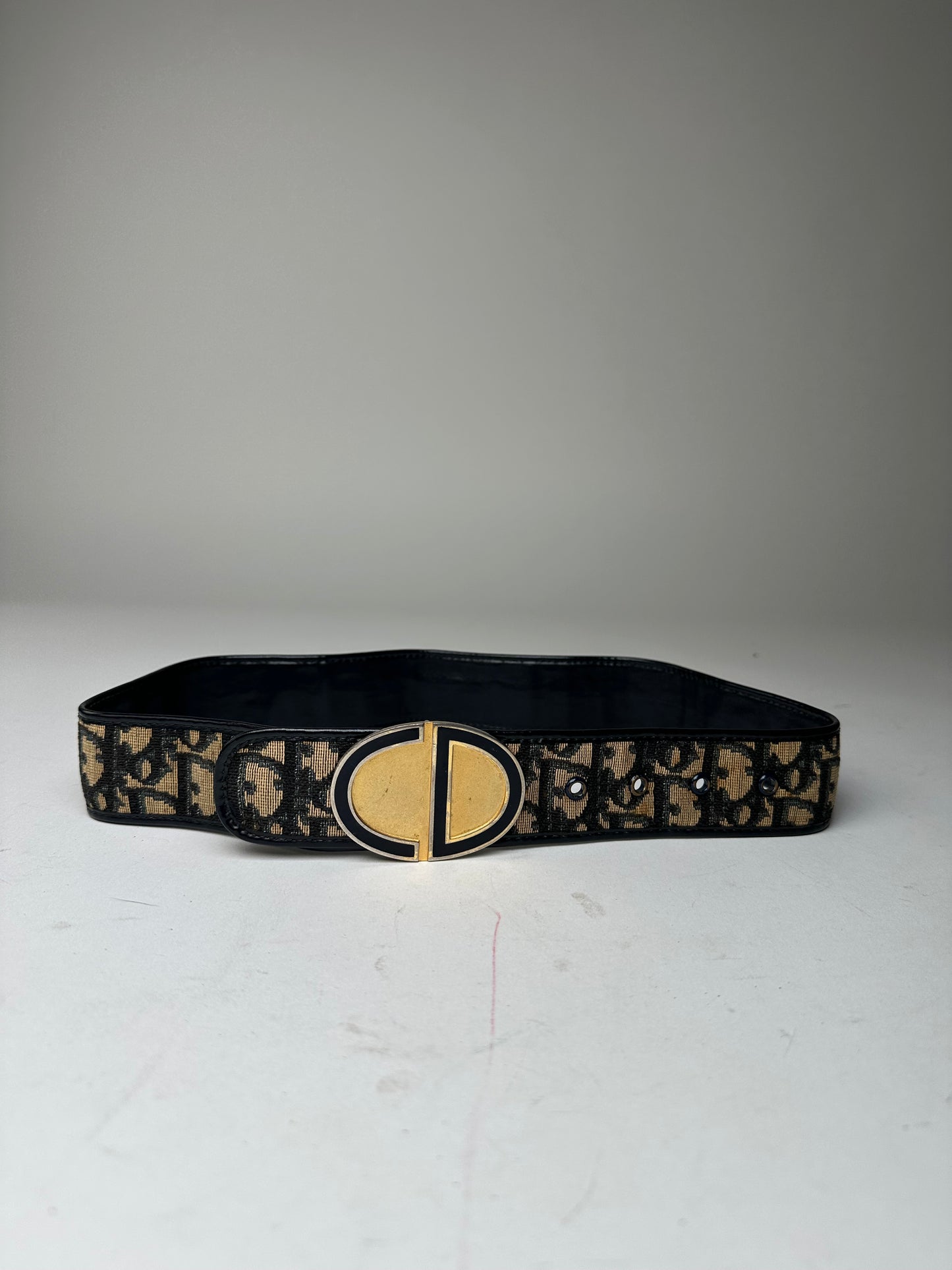Vintage Dior Oblique Monogram Canvas Leather Belt Navy Beige Gold