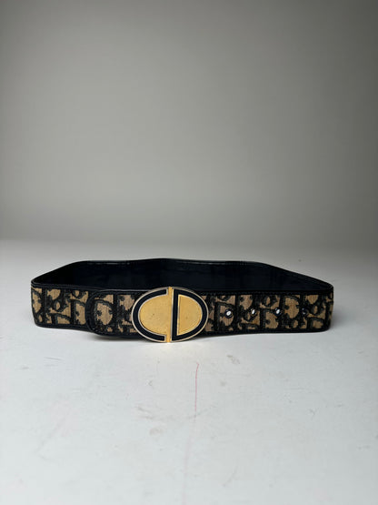 Vintage Dior Oblique Monogram Canvas Leather Belt Navy Beige Gold