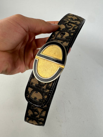 Vintage Dior Oblique Monogram Canvas Leather Belt Navy Beige Gold