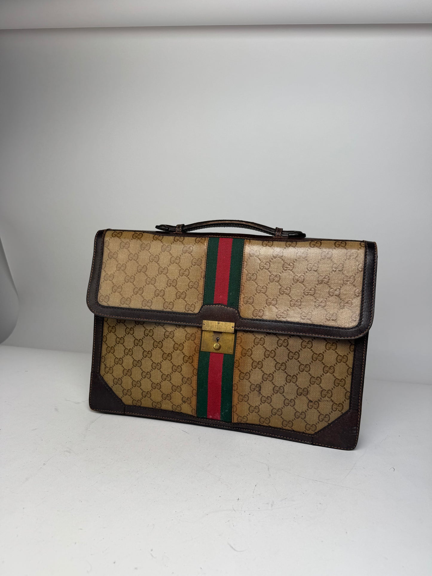 Vintage Gucci Monogram Leather Bruefcase Brown Golden