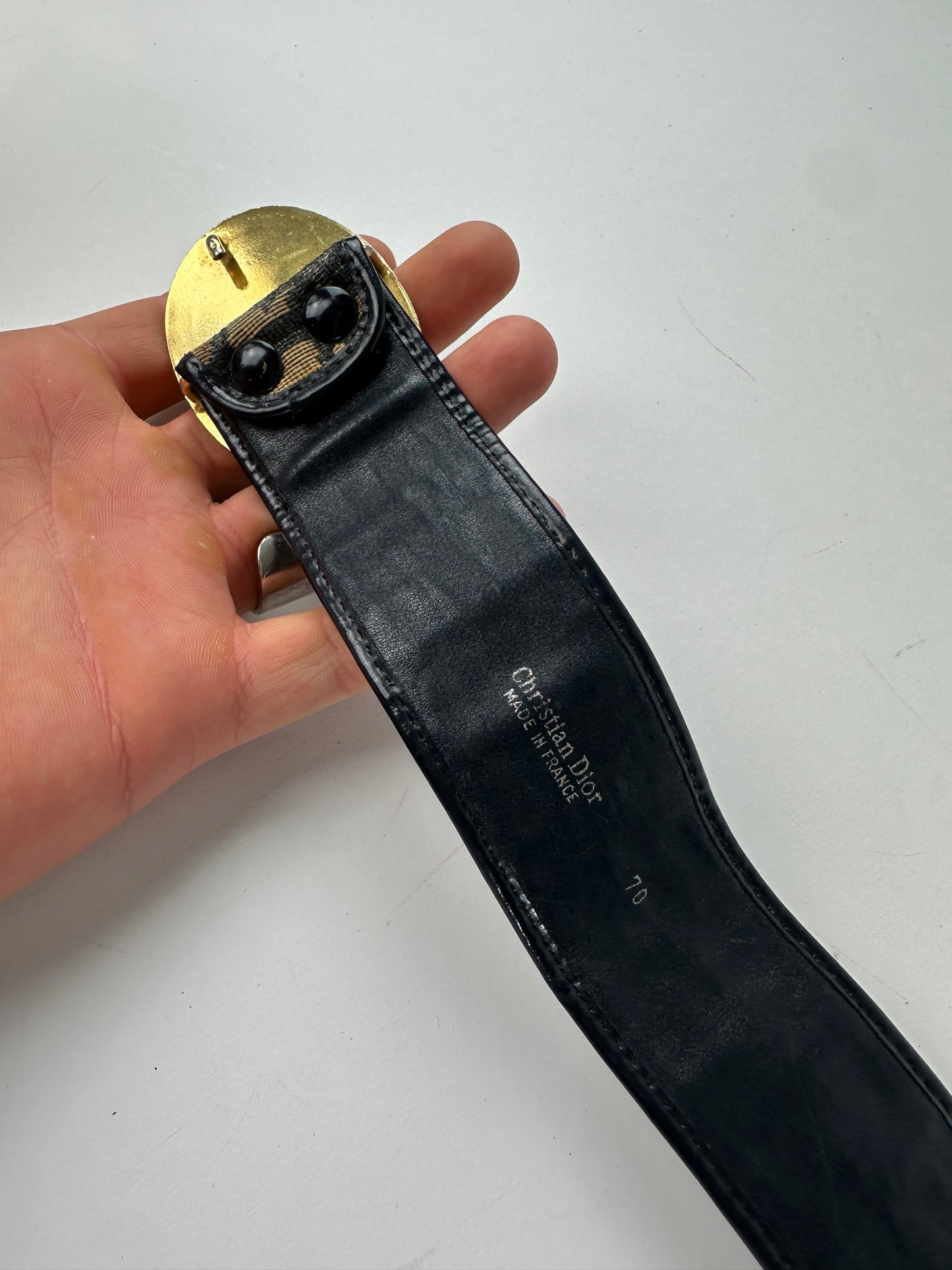 Vintage Dior Oblique Monogram Canvas Leather Belt Navy Beige Gold