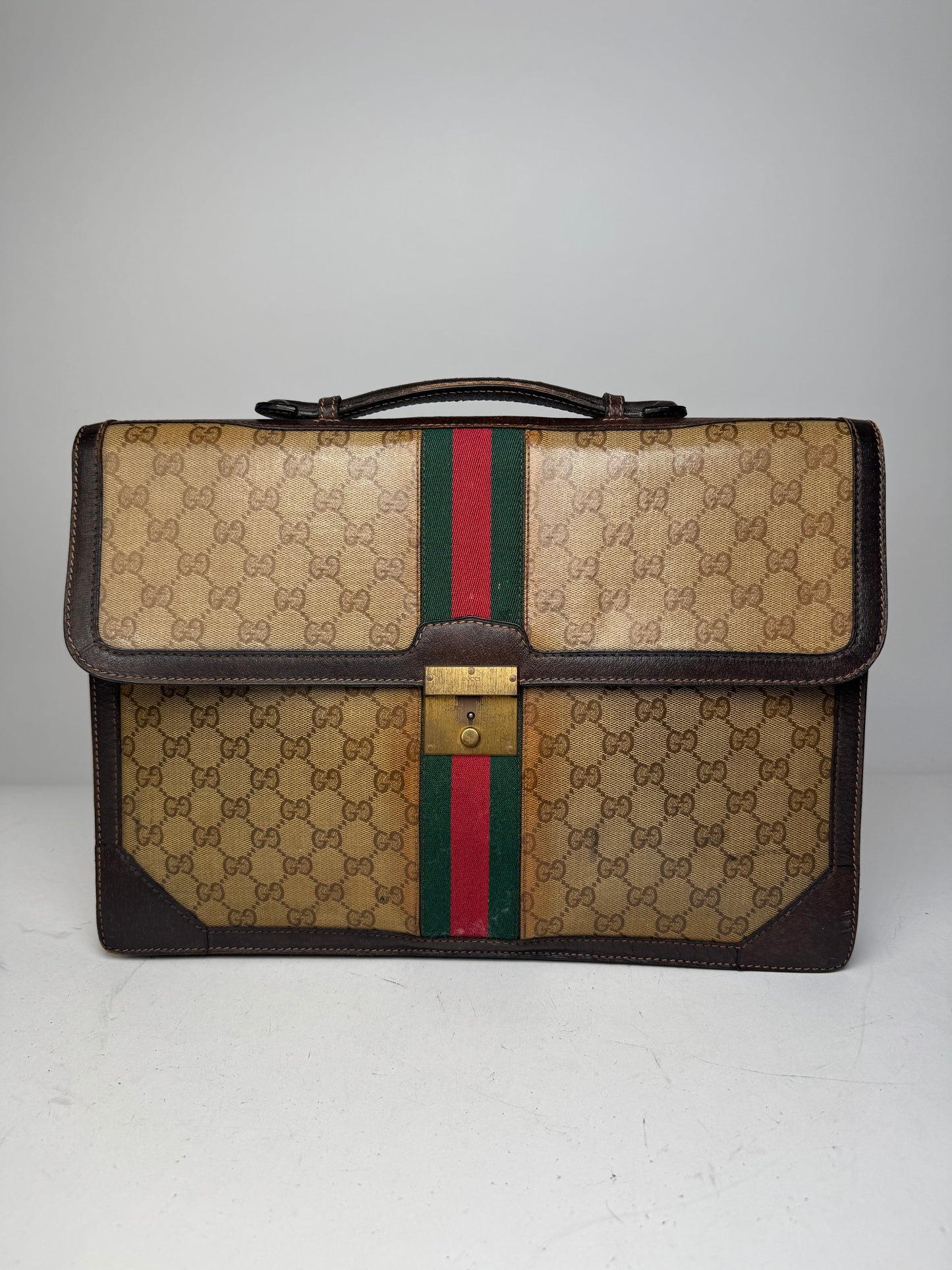 Vintage Gucci Monogram Leather Bruefcase Brown Golden