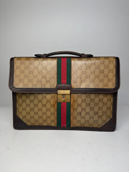 Vintage Gucci Monogram Leather Bruefcase Brown Golden