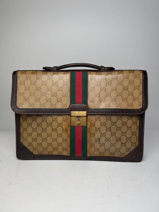 Vintage Gucci Monogram Leather Bruefcase Brown Golden