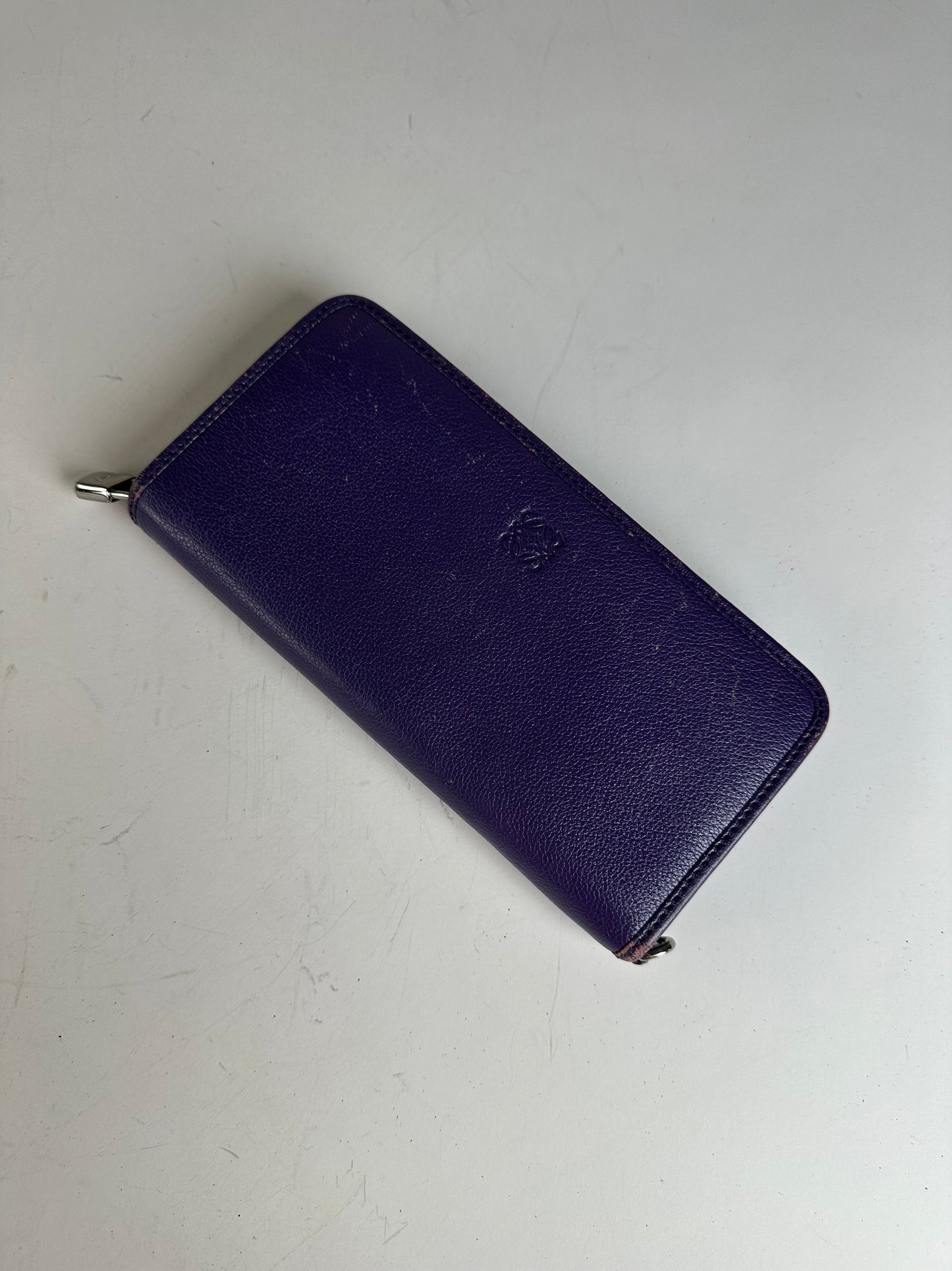 Vintage Loewe Leather Zip Wallet Purple Silver