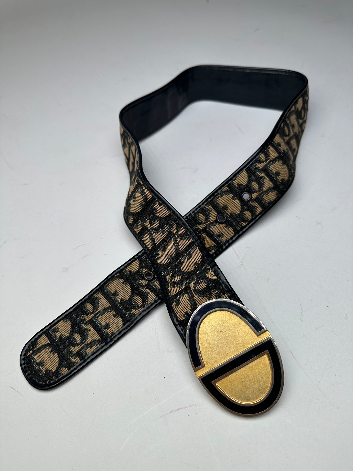 Vintage Dior Oblique Monogram Canvas Leather Belt Navy Beige Gold