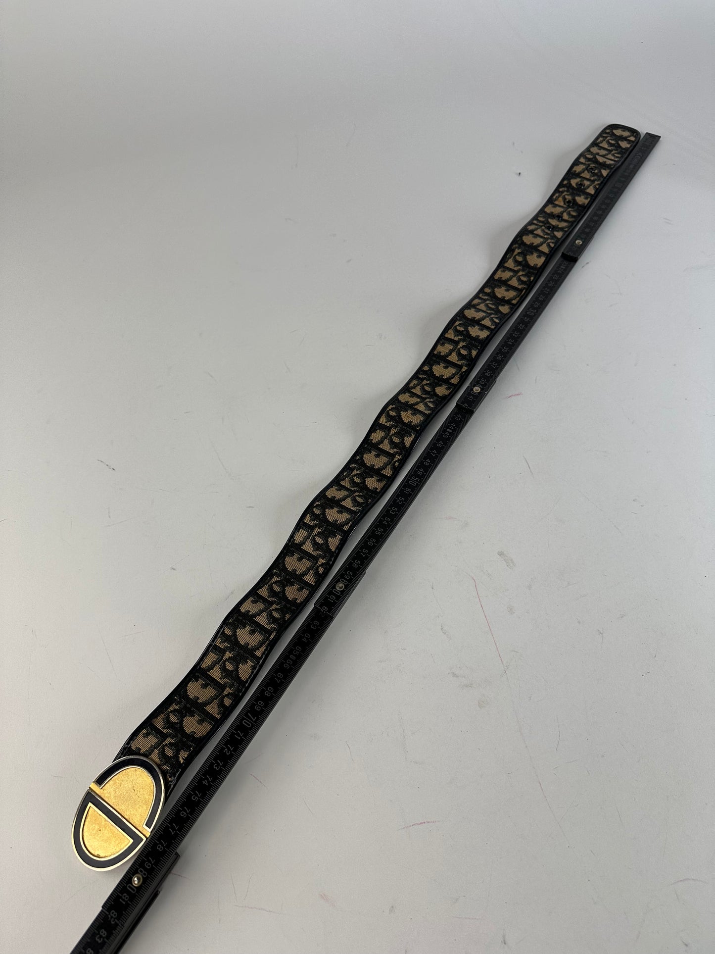 Vintage Dior Oblique Monogram Canvas Leather Belt Navy Beige Gold