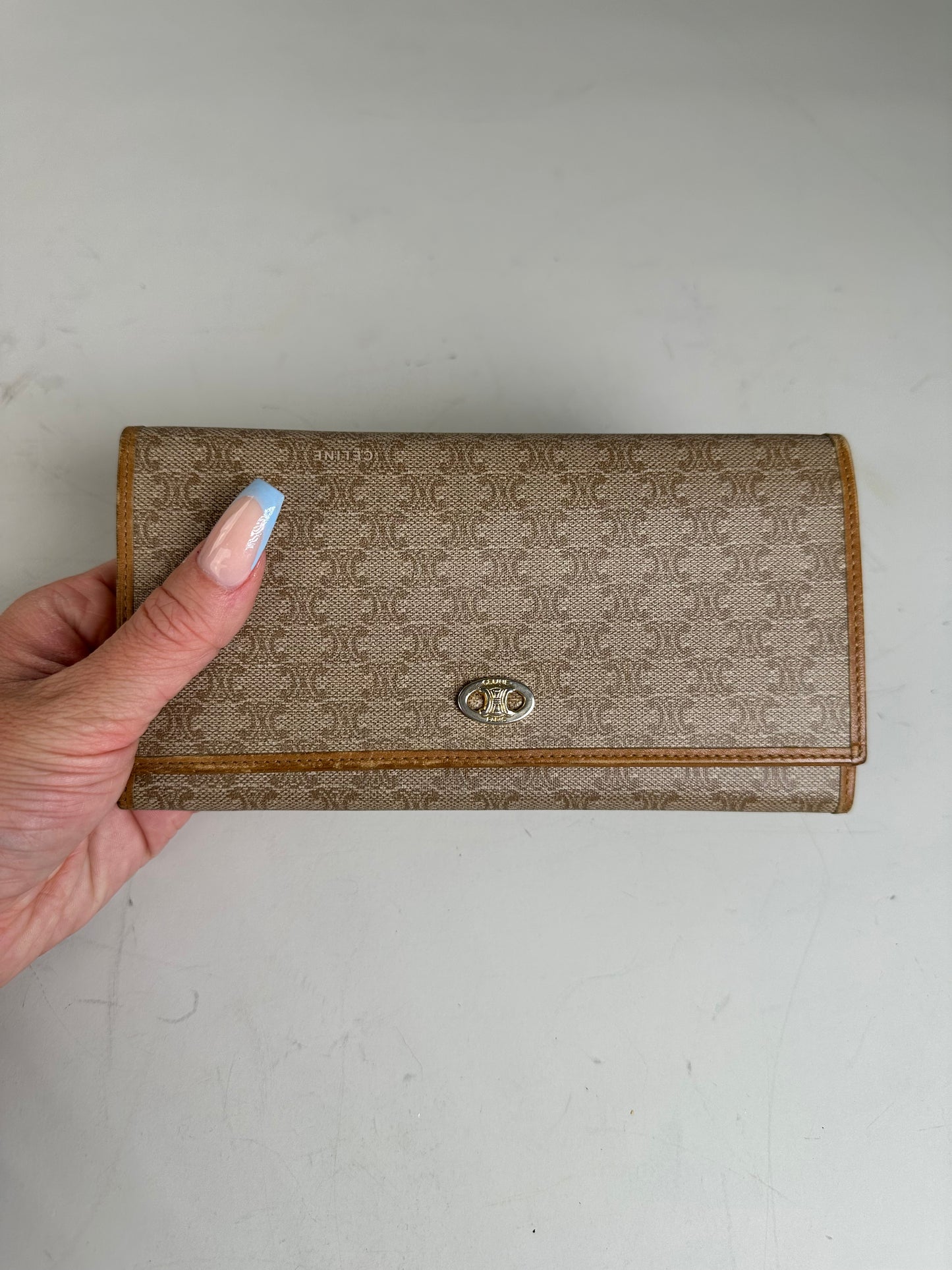 Vintage Celine Macadam Canvas Wallet Beige Tan