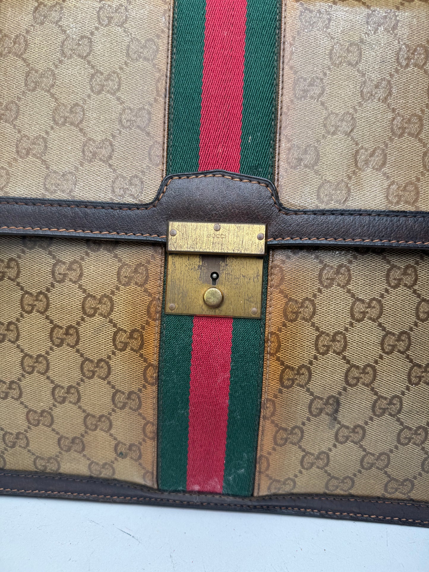 Vintage Gucci Monogram Leather Bruefcase Brown Golden