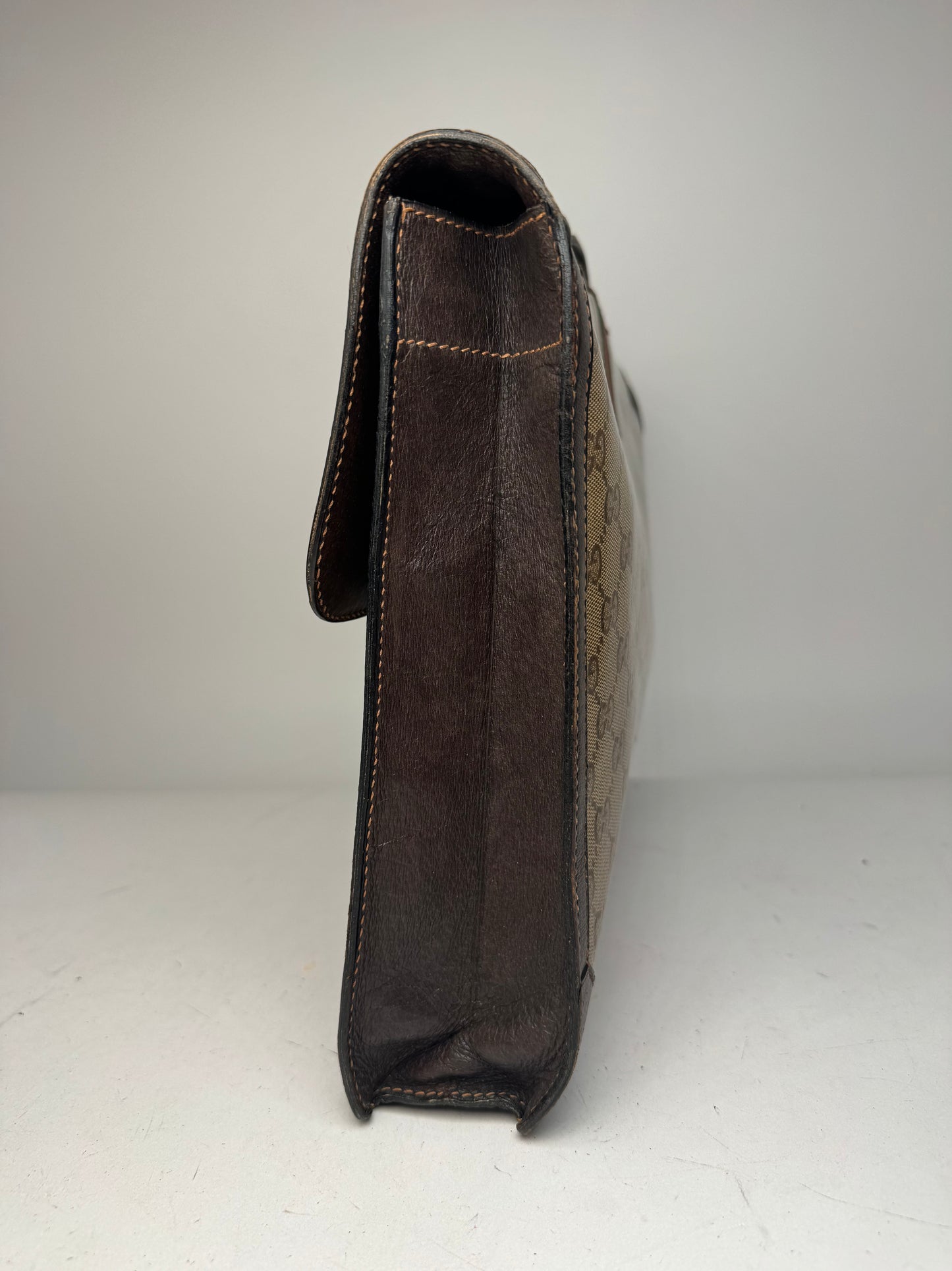 Vintage Gucci Monogram Leather Bruefcase Brown Golden