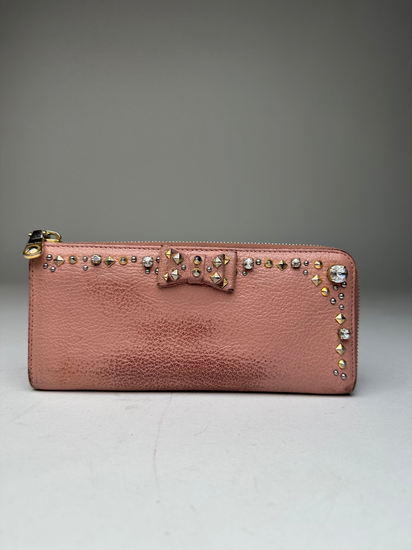 Vintage Miu Miu Studded Leather Zippy Wallet Pink