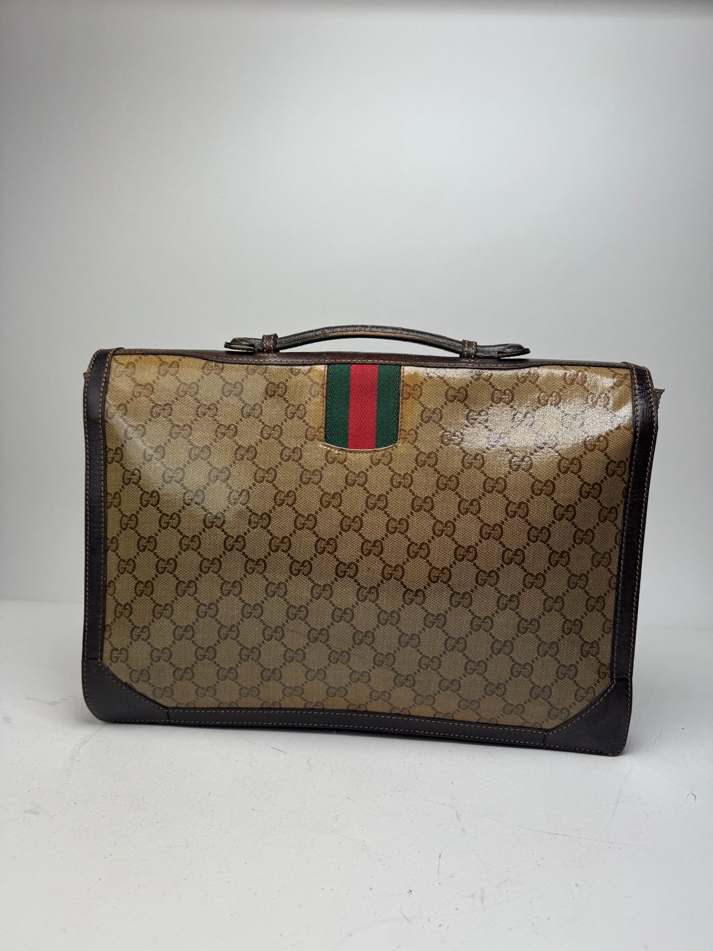 Vintage Gucci Monogram Leather Bruefcase Brown Golden