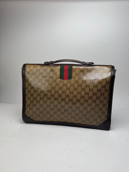 Vintage Gucci Monogram Leather Bruefcase Brown Golden