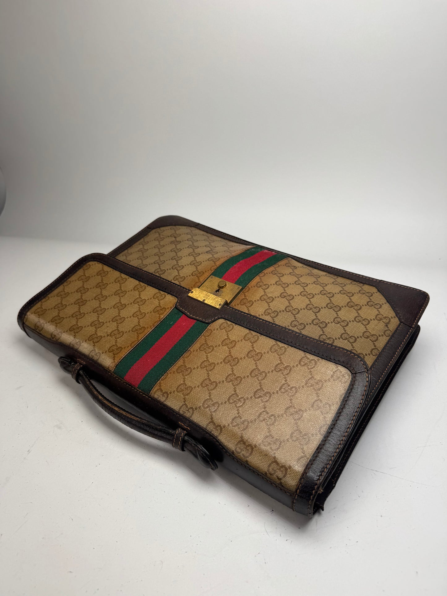Vintage Gucci Monogram Leather Bruefcase Brown Golden
