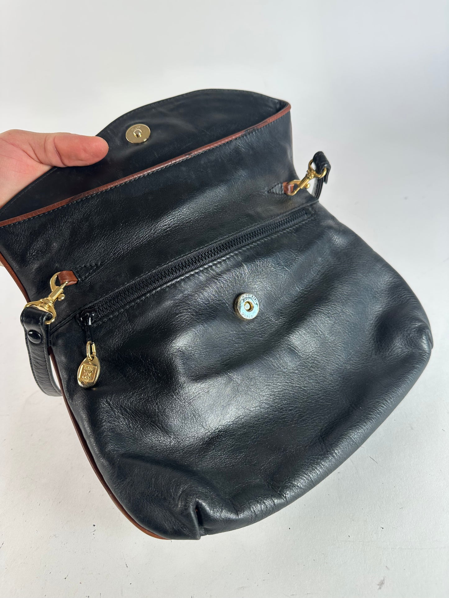 Vintage Celine Paris Leather Shoulder Crossbody Bag Black Brown