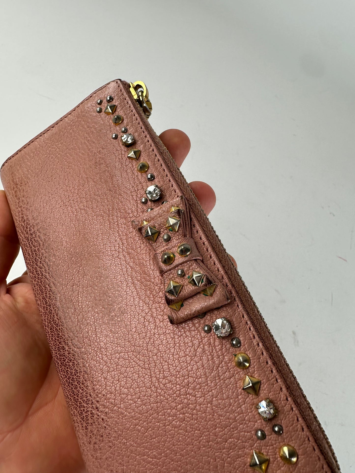 Vintage Miu Miu Studded Leather Zippy Wallet Pink
