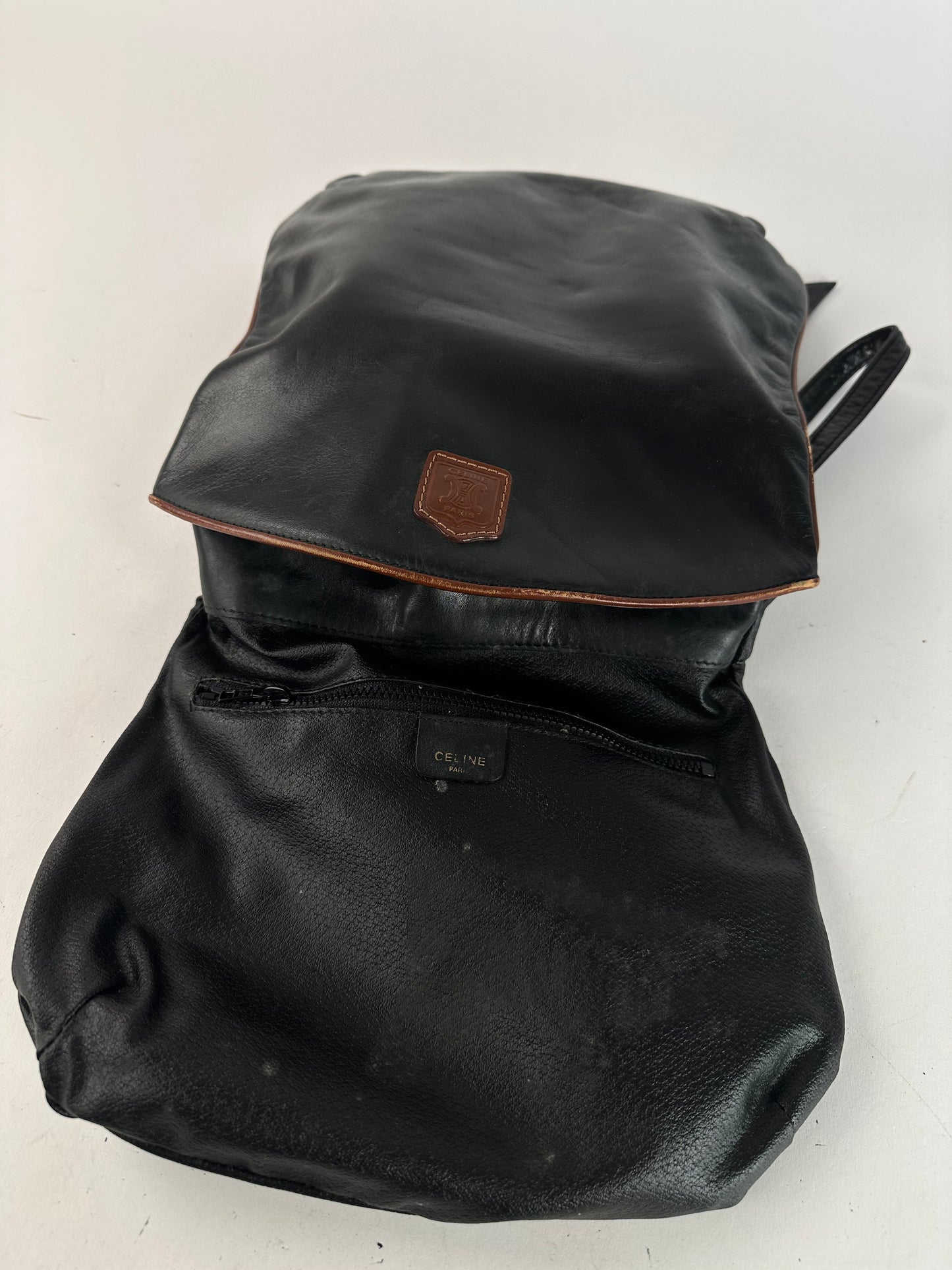 Vintage Celine Paris Leather Shoulder Crossbody Bag Black Brown
